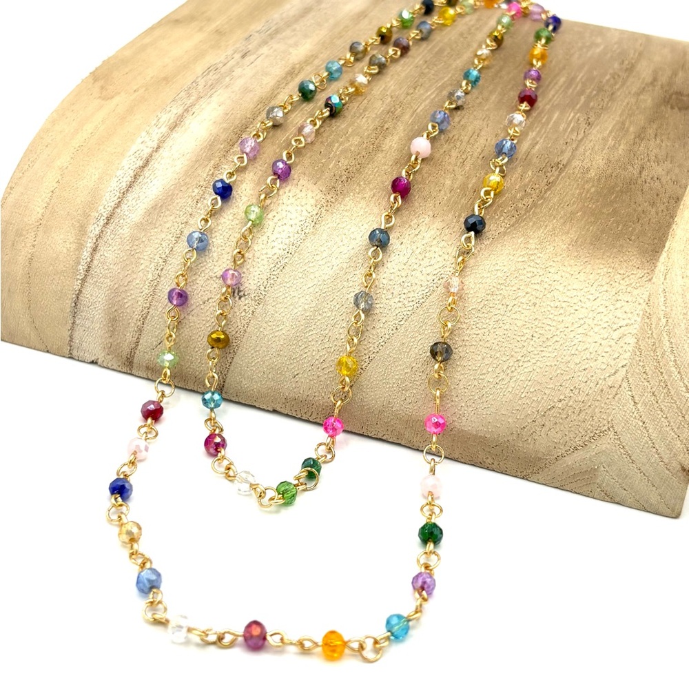 Hand Crafted Gold Multicolor Glass Bead Station Necklace - Women Jewelry